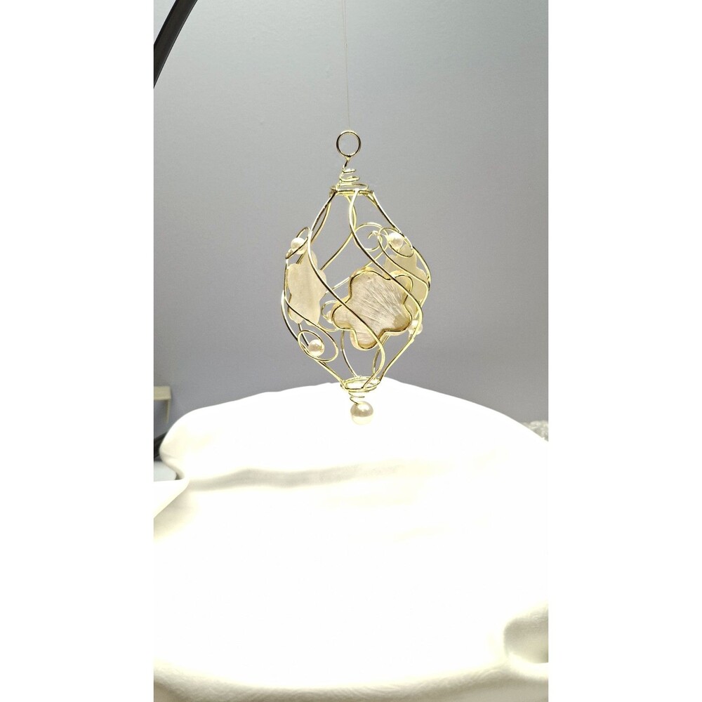 Gold Wire Flower Christmas Hanging Ornament Faux Pearls White Floral 6" Holiday